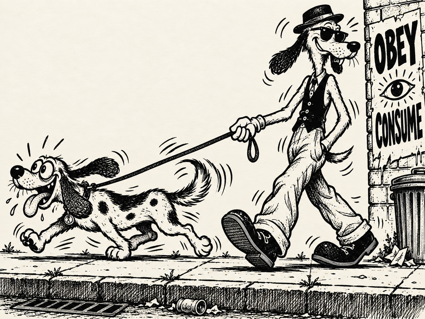 A dog walking upright on two legs leads another dog, on four legs, by a leash.